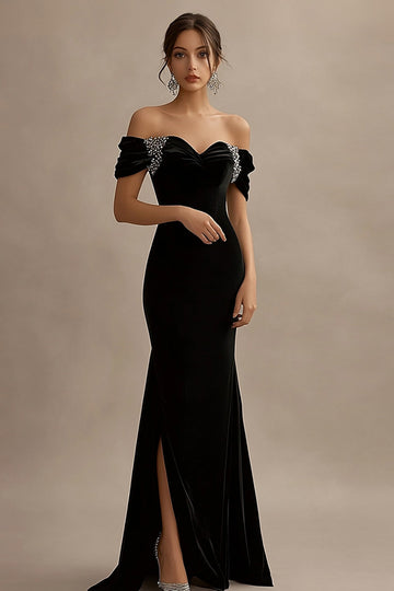 Sparkly Black Off the Shoulder Satin Long Formal Dress with Slit
